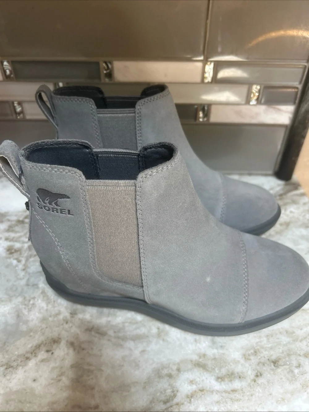 Sorel Evie II Chelsea Women Casual Boots, GREY LEATHER Waterproof Sz 5 New Wedge
